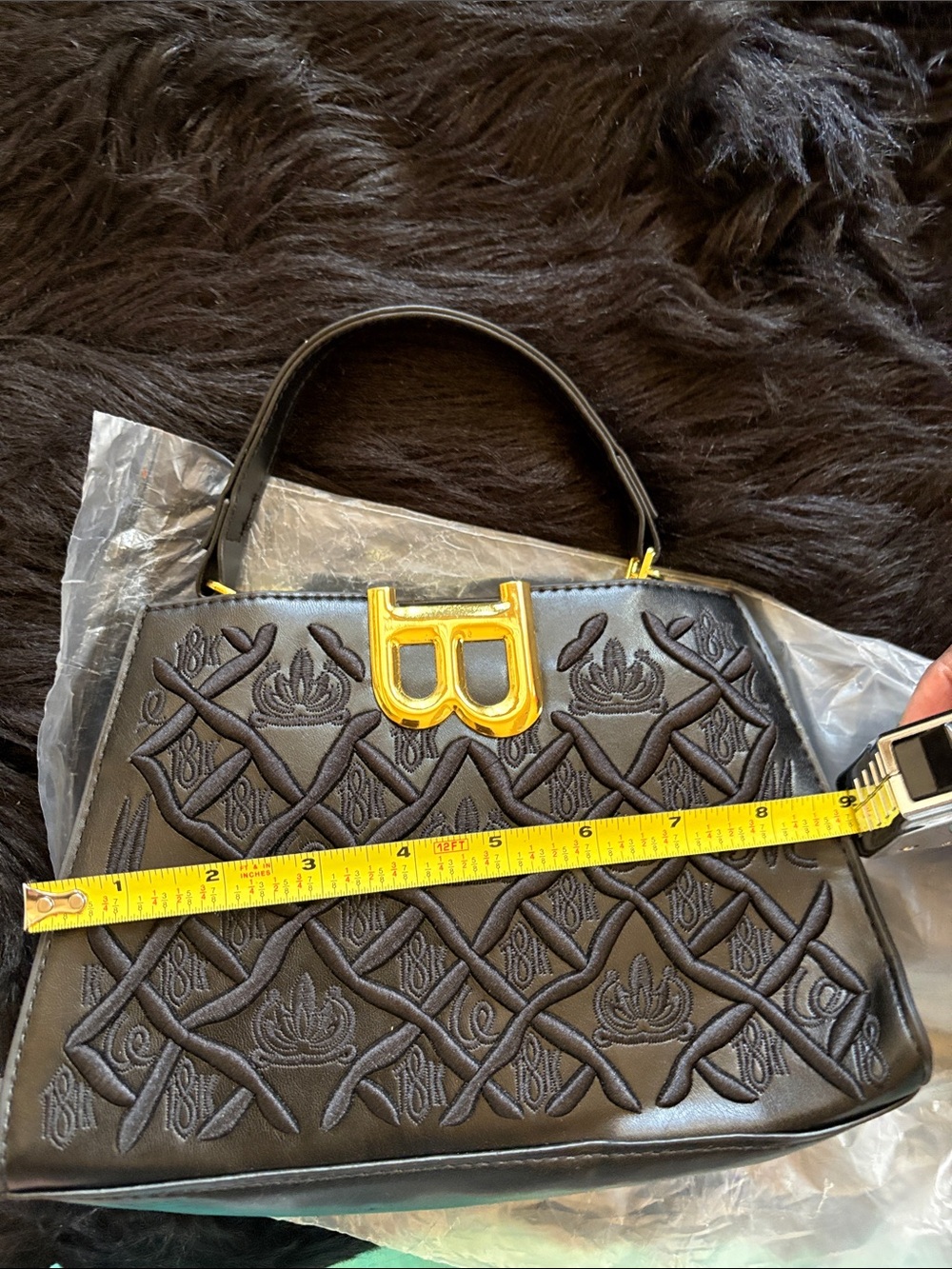Black Embossed Shoulder Bag with Gold Hardware - Picture 8 of 8